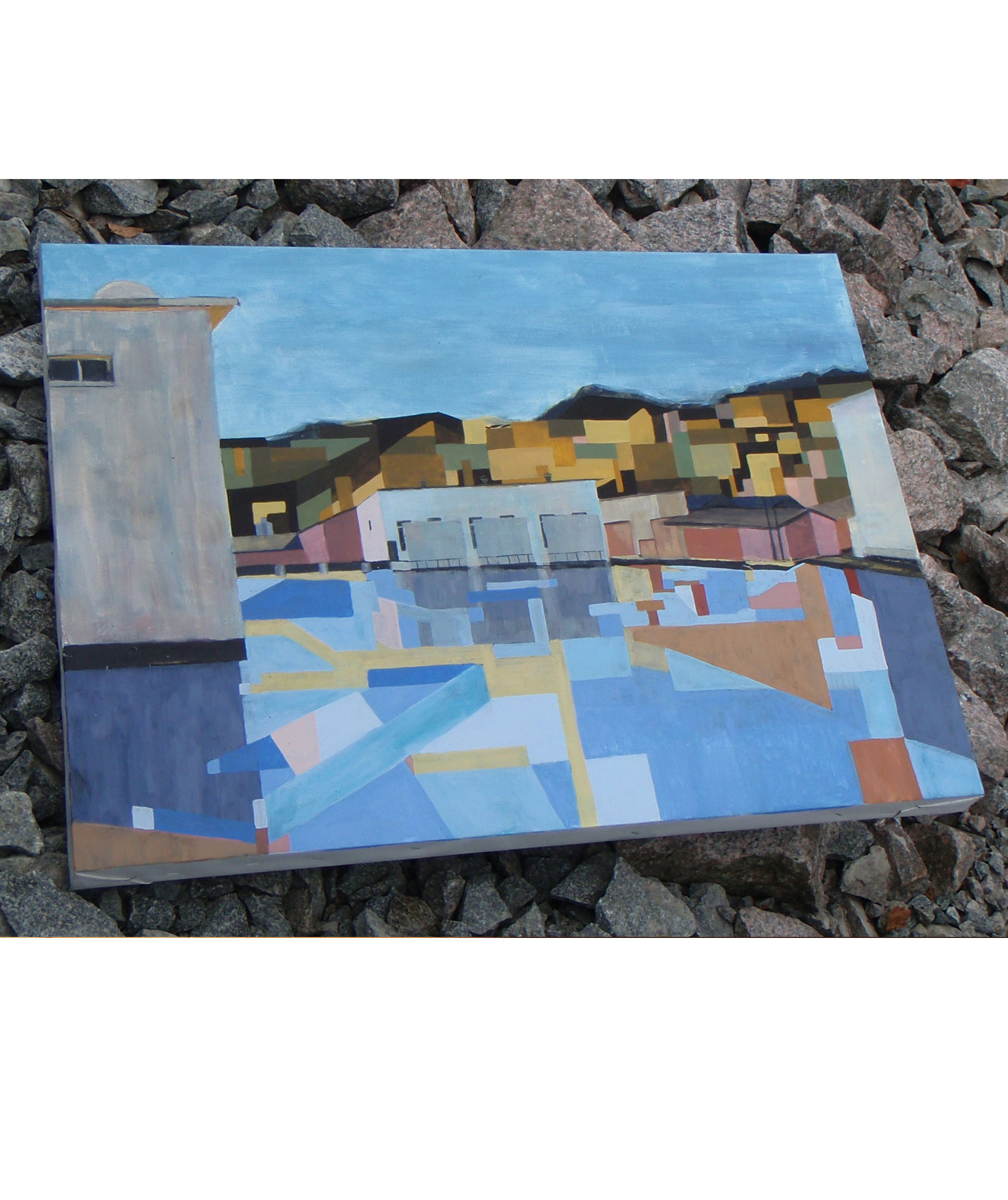 Slussen i Mustadfors, Dals Långed, äggoljetempera. temperamålning