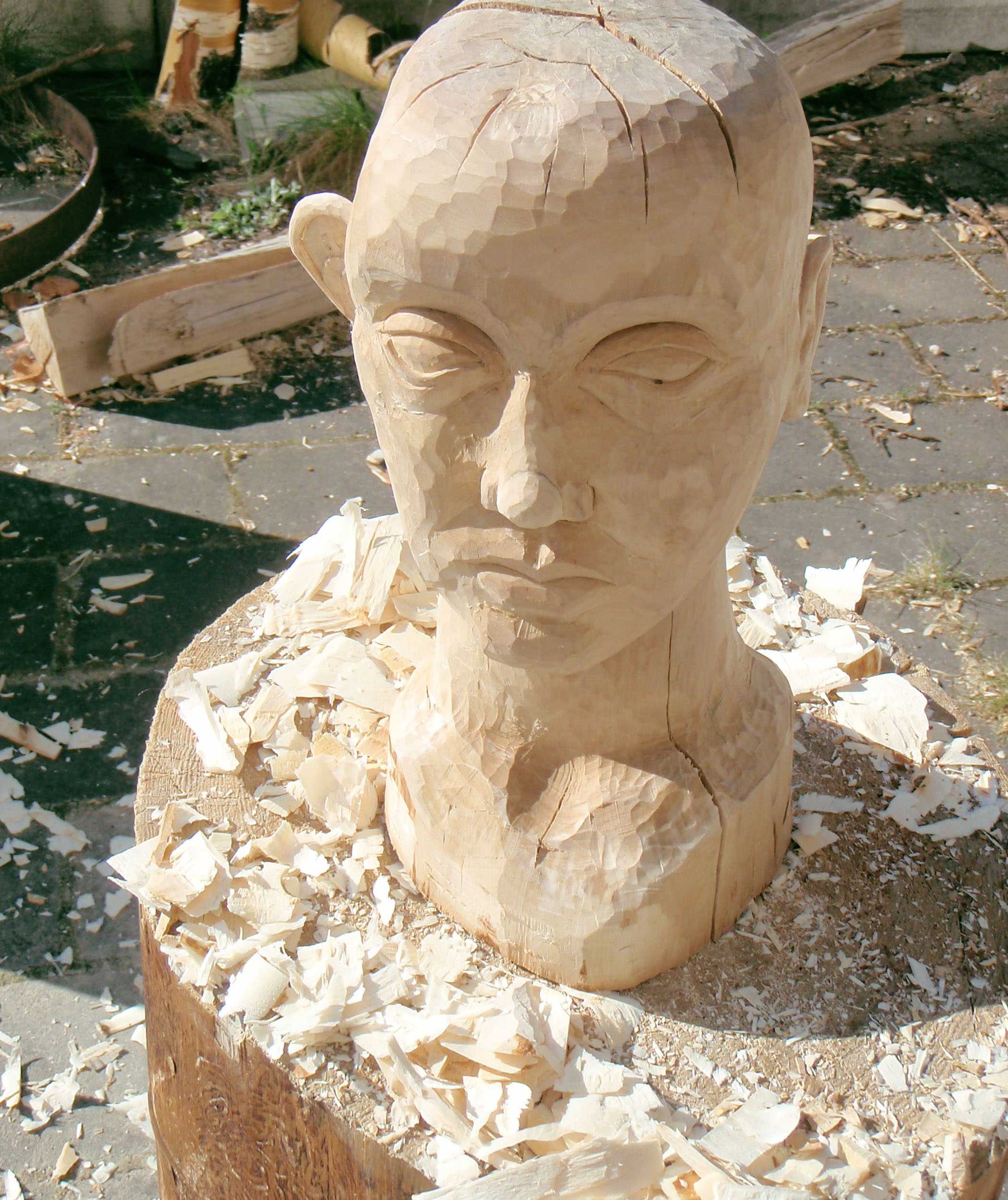 Skulptur av trä, rådjursskalle och duvfjädrar